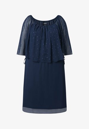 Granatowa sukienka do kolan z przezroczystą nakładką w grochy i rękawami do łokcia, z marszczonym dekoltem i luźnym krojem.