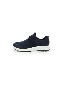 Navy-blue running shoe with a textured knit upper, elastic laces, and a white midsole. Features a black rubber outsole for grip.