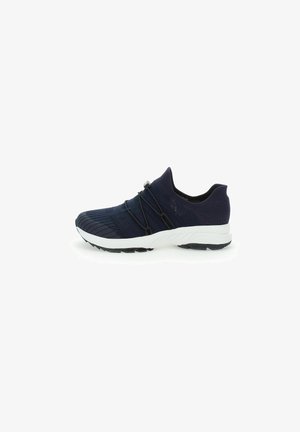 Navyblauer Laufschuh mit einem strukturierten Strickobermaterial, elastischen Schnürsenkeln und einer weißen Zwischensohle. Verfügt über eine schwarze Gummisohle für Grip.