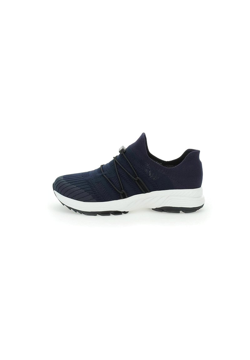 Navy-blue running shoe with a textured knit upper, elastic laces, and a white midsole. Features a black rubber outsole for grip.