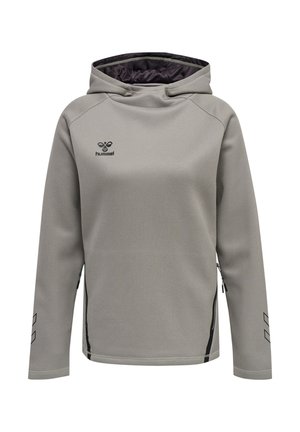 Lichtgrijze hoodie met lange mouwen, ritszakken aan de voorkant en klein zwart Hummel-logo op de borst en chevronpatronen op de mouwen.