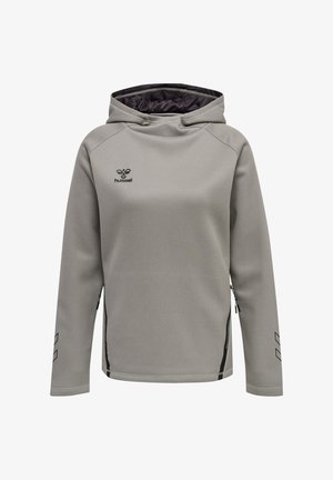 Lichtgrijze hoodie met lange mouwen, ritszakken aan de voorkant en klein zwart Hummel-logo op de borst en chevronpatronen op de mouwen.