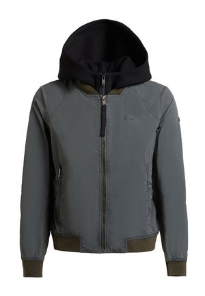 Siva jakna na patentni zatvarač s crnim kapuljačom, rebrastim manžetama i rubom te bočnim džepovima, prikazana na bijeloj pozadini.