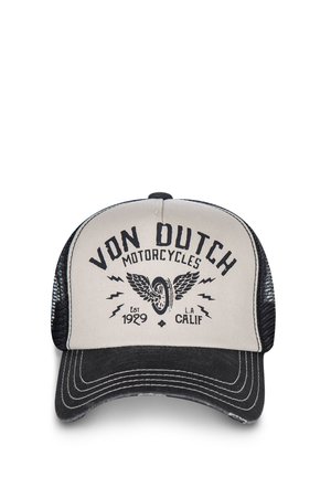 Casquette de camionneur avec un devant beige, des côtés en mesh noirs et une visière courbée. L'avant affiche "Von Dutch Motorcycles" avec des détails graphiques et un logo.