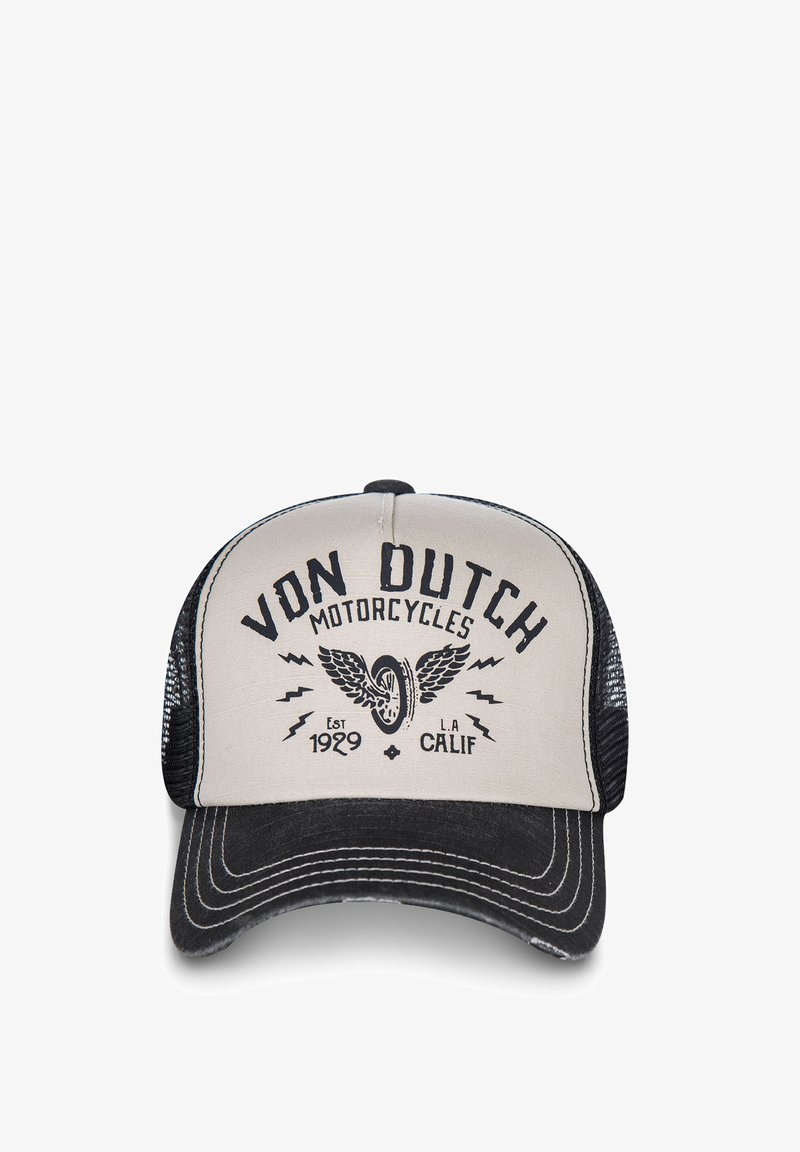Casquette de camionneur avec un devant beige, des côtés en mesh noirs et une visière courbée. L'avant affiche "Von Dutch Motorcycles" avec des détails graphiques et un logo.