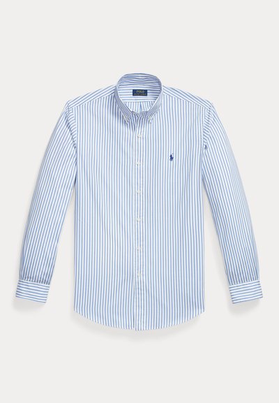 Light blue long-sleeve button-up shirt with vertical white stripes, a button-down collar, and a small logo on the left chest pocket.