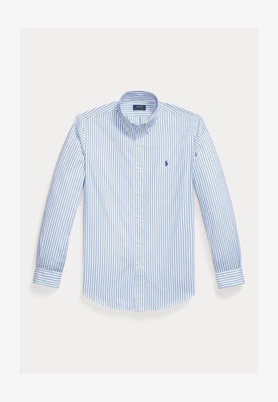 Light blue long-sleeve button-up shirt with vertical white stripes, a button-down collar, and a small logo on the left chest pocket.