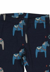 Marinblå leggings med ett upprepat mönster av grå och blå stiliserade elefanter, med dekorativa blommönster och ett mjukt, elastiskt material.