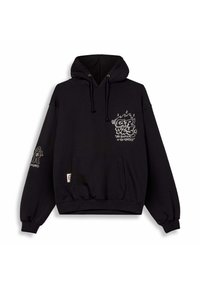Felpa nera con cappuccio realizzata in cotone. Presenta una tasca frontale, cappuccio con cordino e grafiche bianche sul petto e sulle maniche.