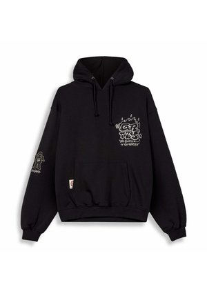 Black hooded sweatshirt made of cotton. Features a front pocket, drawstring hood, and graphic designs in white on the chest and sleeve.
