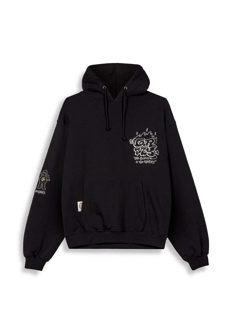 Felpa nera con cappuccio realizzata in cotone. Presenta una tasca frontale, cappuccio con cordino e grafiche bianche sul petto e sulle maniche.