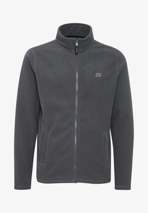 Šedá fleecová bunda s vysokým golierom, plným predným zipsom a bočnými vreckami; mäkká textúra a prešitie pozdĺž okrajov.