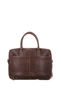 Bruine leren laptoptas met twee bovenhandvatten, een voorkantvak en een ritsluiting. Gladde textuur en minimalistisch ontwerp.