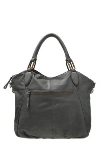 Szara skórzana torebka z dwoma uchwytami u góry, teksturowana powierzchnia, zasuwana przednia kieszeń oraz akcenty w kolorze złotym.