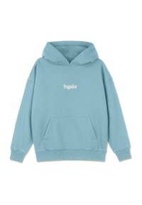 Ανοιχτό μπλε φούτερ με κουκούλα και τσέπη καγκουρό, με ριγωτές μανσέτες και στρίφωμα, που διαθέτει λευκό κείμενο "Pegador" στο στήθος. Μαλακό, casual ύφασμα.