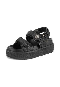 Sandalias negras con un upper texturizado, dos correas ajustables con hebillas y una suela gruesa de plataforma con un patrón tejido.