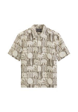Chemise à manches courtes à boutons, avec un motif abstrait floral et géométrique beige et blanc, col et boutons sur le devant.