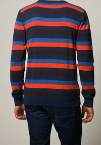 Sweter w paski z niebieskimi, czerwonymi i brązowymi poziomymi liniami. Mankiety i dół z prążkowanego ściągacza. Miękka faktura z okrągłym dekoltem.