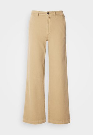 Beige wide-leg pants made of cotton blend, featuring a front button closure, belt loops, and stitched detailing along the seams.