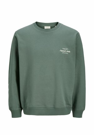 Groene trui met lange mouwen en ronde hals, met klein wit tekstlogo op de linkerborst en geribde manchetten en zoom.