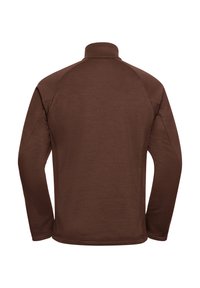 Brauner, langärmeliger Pullover mit hohem Kragen, der eine glatte Textur aufweist und keine sichtbaren Muster oder Beschläge hat.