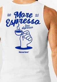 White tank top featuring blue text that reads "More Espresso less depresso" with a graphic of a hand holding a coffee cup beneath.