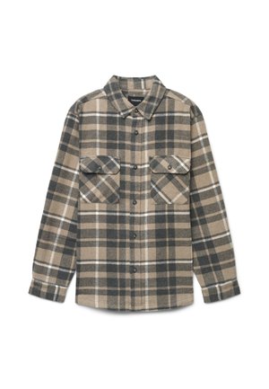 Camicia a maniche lunghe con bottoni, motivo a quadri beige, verde scuro e bianco e due tasche al petto con bottoni.