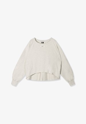 Sweatshirt court gris clair avec des manches longues, un col rond et un logo discret à l'avant. Texture douce et lisse avec une coupe décontractée.