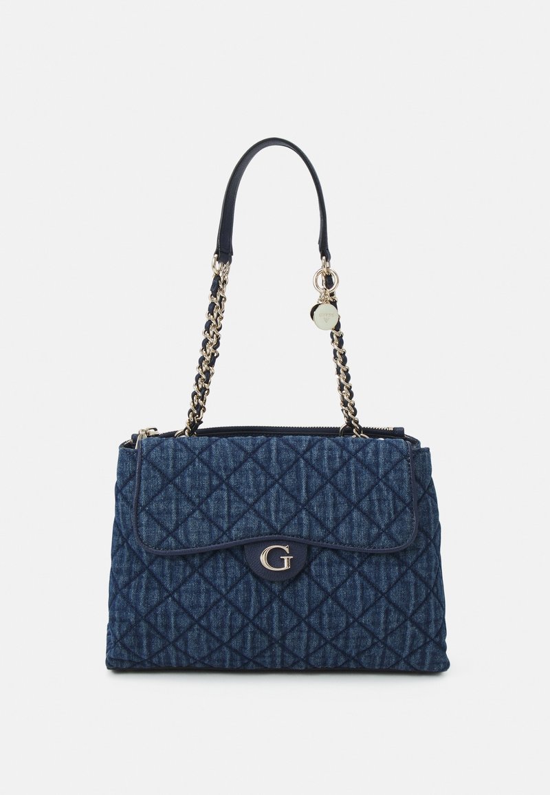 Sac à main matelassé bleu foncé avec bandoulière chaîne et cuir, fermoir logo "G" doré, et pendentif circulaire doré suspendu à la poignée.