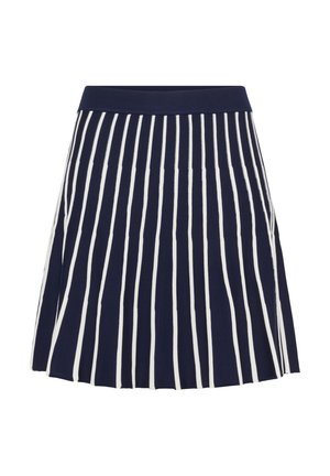 Navy pleated skirt with white vertical stripes, featuring a ribbed waistband. Made from a soft, stretchy material for comfort.