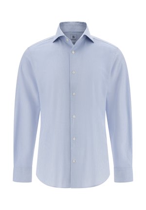 Lichtblauw gestreept overhemd met lange mouwen, een puntige kraag en een knoopsluiting aan de voorkant. Gemaakt van een soepele stof met een subtiele textuur.