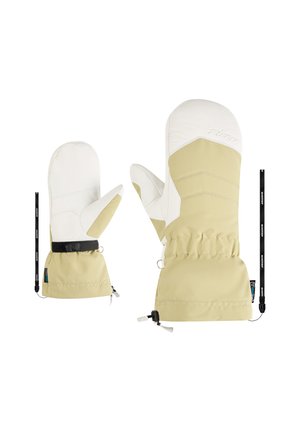 Beige and white ski mittens feature a waterproof outer shell, puffy design, and elastic wrist cuffs with adjustable straps.