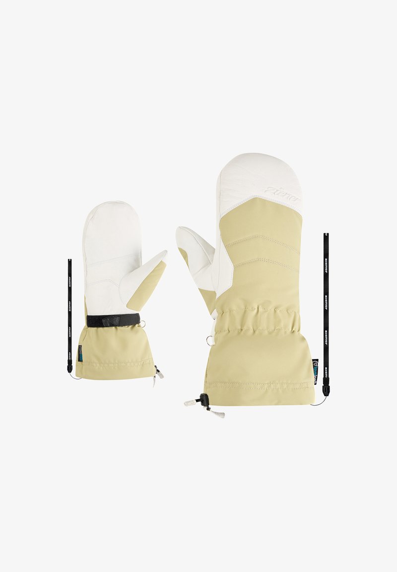 Beige and white ski mittens feature a waterproof outer shell, puffy design, and elastic wrist cuffs with adjustable straps.