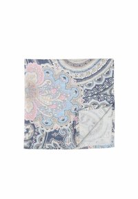 Square scarf made of fabric featuring a paisley pattern in blue, pink, and cream, with a textured finish and folded corner detail.