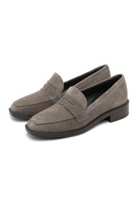 Pair of gray suede loafers with a low heel and penny strap detail, shown on a white background.