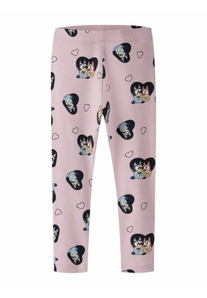 Leggings in light pink fabric featuring a pattern of cartoon characters within black hearts, interspersed with smaller hearts. Stretchy material.