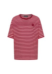 Red and pink striped short-sleeve t-shirt featuring a crew neck and a small pocket on the left side. Made from soft fabric.