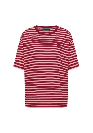 Red and pink striped short-sleeve t-shirt featuring a crew neck and a small pocket on the left side. Made from soft fabric.