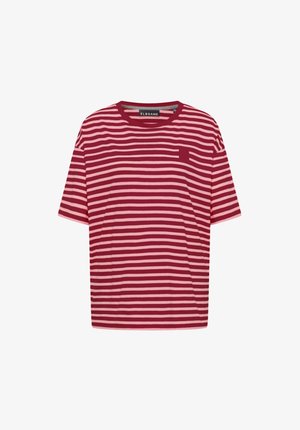 Piros és rózsaszín csíkos rövid ujjú póló kerek nyakkal és bal oldalon kis zsebbel. Puha anyagból készült.