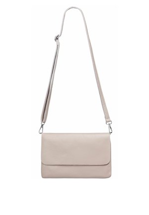 Light beige leather crossbody bag with a textured finish, flat design, and a detachable strap. Features a simple flap closure.