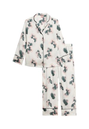 Biały komplet piżamowy z długim rękawem na guziki, z zielonym i różowym kwiatowym nadrukiem oraz czarnym obszyciem przy kołnierzu, mankietach i nogawkach spodni.