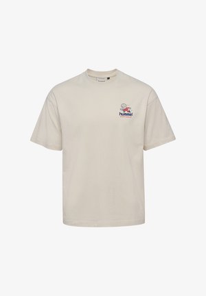 T-shirt in cotone beige con maniche corte, caratterizzato da una stampa grafica e un logo nella zona sinistra del petto. Design classico con collo a girocollo.