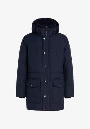 Marineblaues, gepolstertes Parka-Jacke mit einem fellgefütterten Kapuzenrand, Druckknöpfen, zwei großen Fronttaschen und einem Reißverschluss. Besitzt eine glatte Außenstruktur.