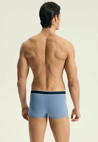 Niebieskie bawełniane bokserki z ciemnoniebieskim elastycznym paskiem w białe paski, pokazane od tyłu na męskim modelu.