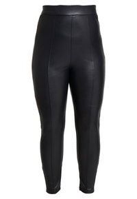 Svarta leggings i konstläder med hög midja, som har vertikala sömmar för struktur och en slät, glänsande yta.