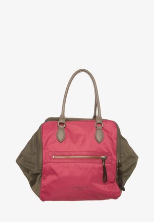 Torebka dwukolorowa z różową górą i oliwkowo-zielonym dołem. Wykonana z nylonu, z zamykaną na zamek przednią kieszenią i podwójnymi skórzanymi uchwytami.