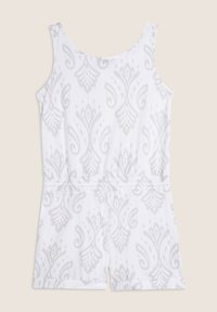 Rompers bianco con un motivo paisley grigio chiaro, design senza maniche, vita elastica e risvolti sui pantaloni.