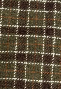 Vævet stof med en mørkegrøn base, prydet med et ternet mønster i hvide og brune nuancer. Tekstur overflade med synlige tråde.