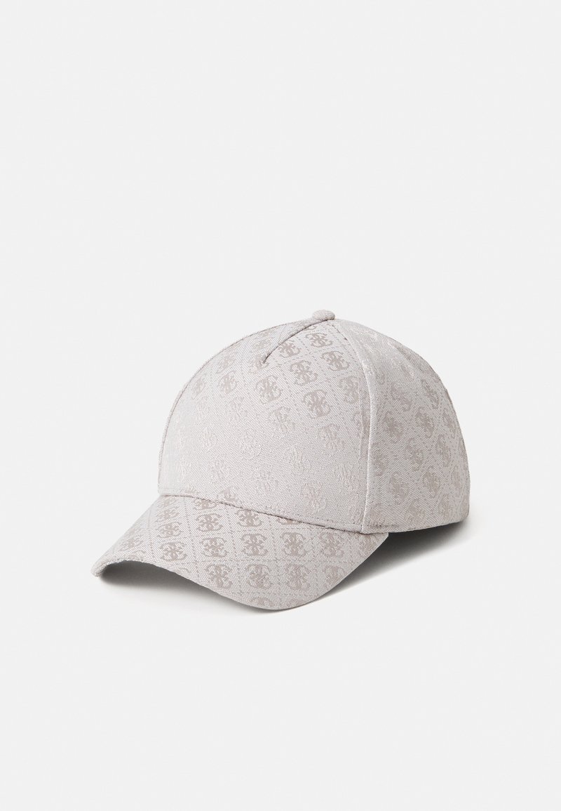 Gray fabric baseball cap featuring a tonal logo pattern, structured shape, curved brim, and rounded top with a small button accent.