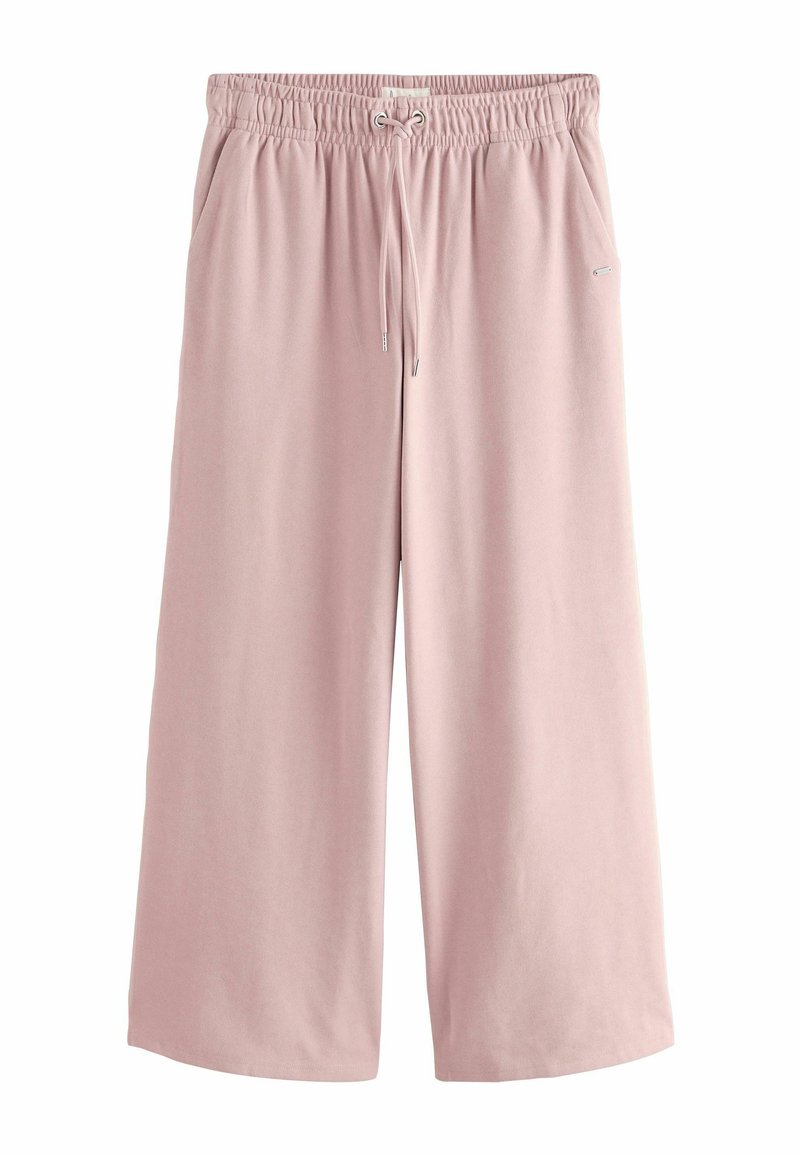 Pantalons taille haute larges rose clair en tissu doux, dotés d'une taille élastique avec cordon de serrage et de poches latérales.